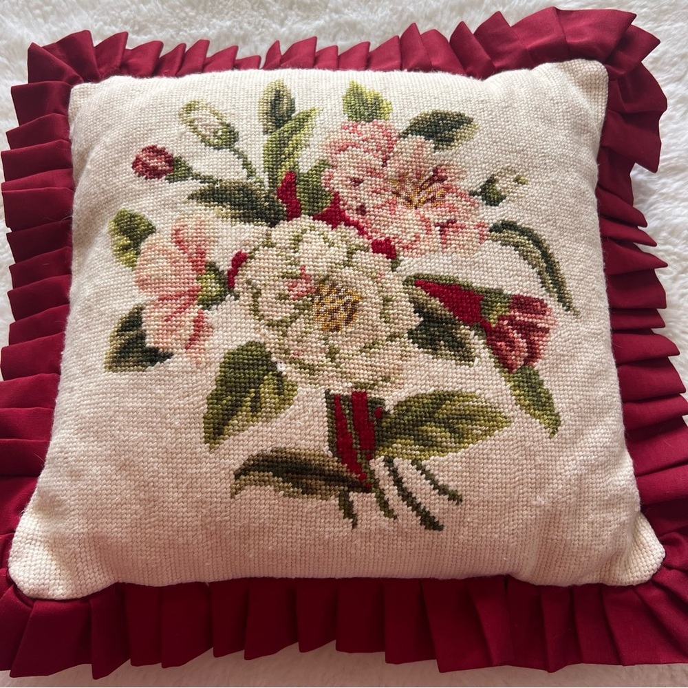 Vintage Needlepoint Pillow with Ruffle Trim – 14”x14” (+2” Ruffle)